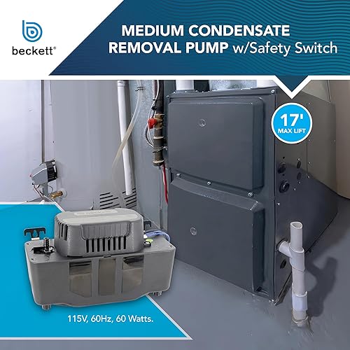 Beckett BK171UL Condensate Pump with Safety Switch, 115V, 17 ft Max Lift, 112 GPH, Automatic On/Off Operation, Black - Poueer