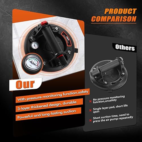 8' Heavy Duty Suction Cups with Pressure Gauge, Glass Suction Cups to Lift Large Glass, 2 Pack 880 lbs Load Capacity, Suction Cups with Carrying Case for Window,Tiles, Windshield - Poueer