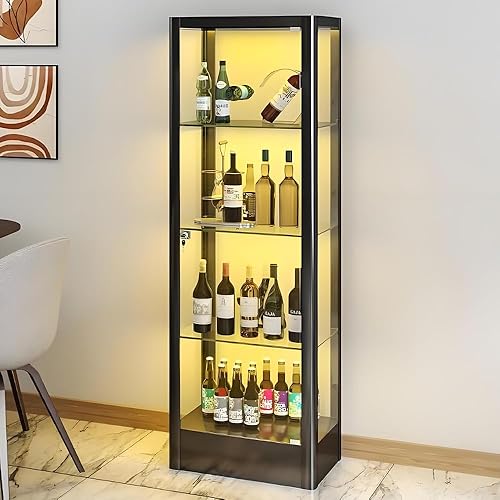 4-Tier Tempered Glass Display Shelf, Showcase with Lock, Glass Cabinets Collection Display Case, Display Case Cabinet for Living Room, Bedroom, Curio Cabinets,20' W*15.75' D*63' H, Black - Poueer