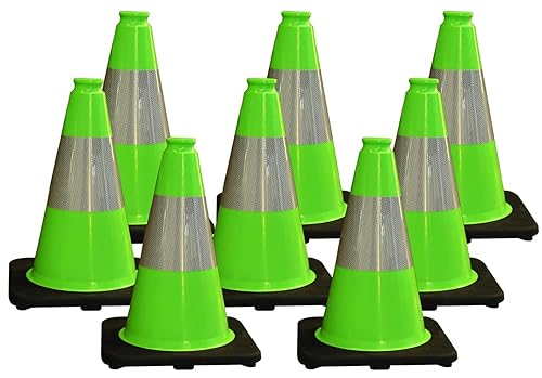 6 Pack 36'' Green PVC Traffic Cones Road Construction Cones with Black Base and Reflective Stripes Safety Cones for Parking Lots Driveways Construction Areas and Traffic Control - Poueer