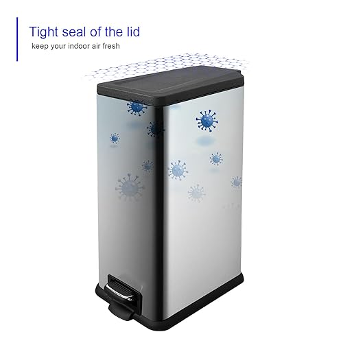 12 Gallon Trash Can, Stainless Steel Trash Can with Fingerprint-Resistant, Removal Inner Buck &Soft Close Plastic Lid, Step Garbage Can for Kitchen and Office, 45 Liter Capacity - Poueer