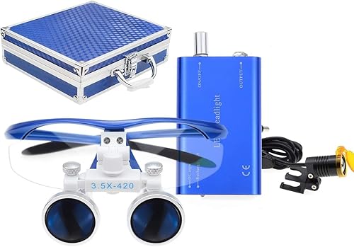 EAST Brand 3.5X 420mm Working Distance Optical Glass Surgical Binocular Loupes and LED Head Light Lamp with Filter Aluminum Box Style (Silver) - Poueer