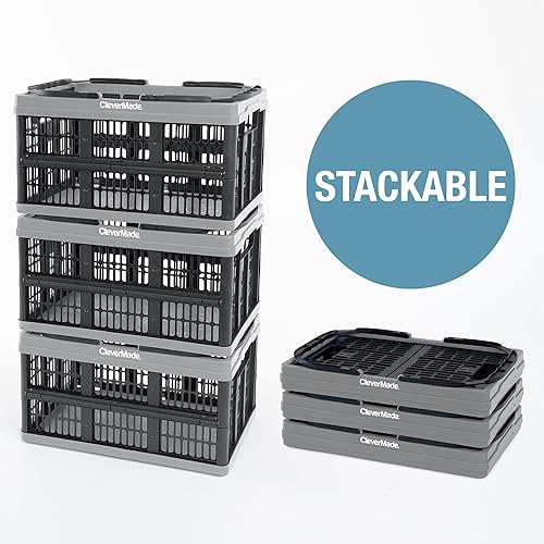 CleverMade Collapsible Shopping Basket, Ocean, 3PK - 24L (6 Gal) Reusable Plastic Grocery Shopping Baskets, Holds 25lbs Per Basket - Small Foldable Storage Crates with Handles - Poueer
