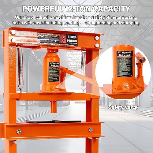 6 Ton Hydraulic Press, H-Frame Garage Floor Adjustable Shop Press with Built-in Relief Valve Pressure Gauge, Hydraulic Shop Press to Bend Straighten Press Parts Install Bearings U-Joints, Red - Poueer