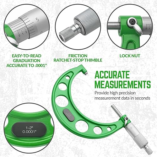 Premium Outside Micrometer Set 0-4' / 0.0001' (0-1'/1-2'/2-3'/3-4') Precision Machinist Tools w/Carbide Tips, Standards, Ratchet Stop, Green - Poueer