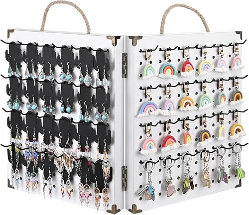 MOOCA Wooden Foldable and Portable 2 Panel Pegboard Jewelry Display Organizer with 48 Removable Black Metal Hooks & Convenient Rope Handle for Easy Carrying, Dual-Sided Panels for Hanging, Brown Color - Poueer