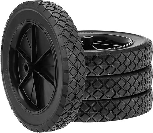 4 Pack 10 Inch Rubber Replacement Tire, Semi-Pneumatic Tire Plastic Wheel with 1/2 Inch Bore Offset Axle for Hand Trucks, Lawnmowers, Utility Carts, Black - Poueer