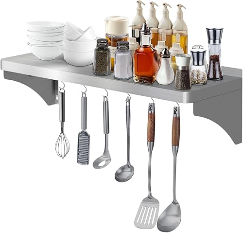 12'x24' Stainless Steel Shelf, Stainless Metal Steel Shelf Wall Mounted with 6 Hooks for Restaurant, Bar, Utility Room and Garage - Poueer