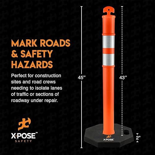 Xpose Safety 45' Blue Delineator Posts with Base, 3-Pack – Ring Top, 10' Reflective Band, 13 lb Rubber Base – Traffic, Parking, Construction, Events - Poueer