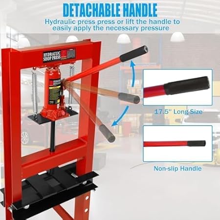 6 Ton Hydraulic Press, H-Frame Garage Floor Adjustable Shop Press with Built-in Relief Valve Pressure Gauge, Hydraulic Shop Press to Bend Straighten Press Parts Install Bearings U-Joints, Red - Poueer