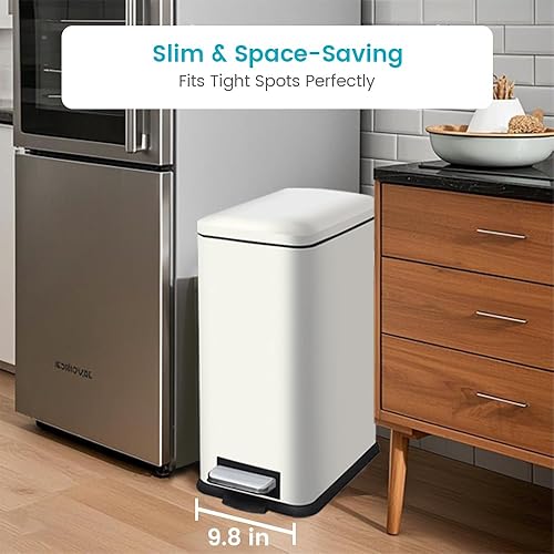 12 Gallon Trash Can, Stainless Steel Trash Can with Fingerprint-Resistant, Removal Inner Buck &Soft Close Plastic Lid, Step Garbage Can for Kitchen and Office, 45 Liter Capacity - Poueer