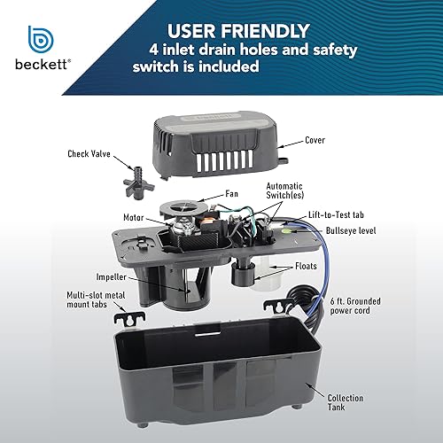 Beckett BK171UL Condensate Pump with Safety Switch, 115V, 17 ft Max Lift, 112 GPH, Automatic On/Off Operation, Black - Poueer
