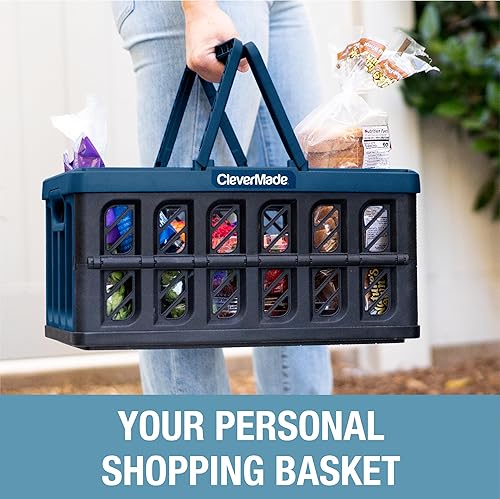CleverMade Collapsible Shopping Basket, Ocean, 3PK - 24L (6 Gal) Reusable Plastic Grocery Shopping Baskets, Holds 25lbs Per Basket - Small Foldable Storage Crates with Handles - Poueer