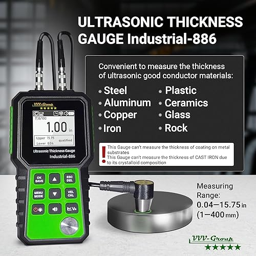 Ultrasonic Thickness Tester Industrial-886 / Digital Metals Thickness Gauge with Range 0.04-15.75in(1-400mm) / Industrial Measuring Instrument - Poueer