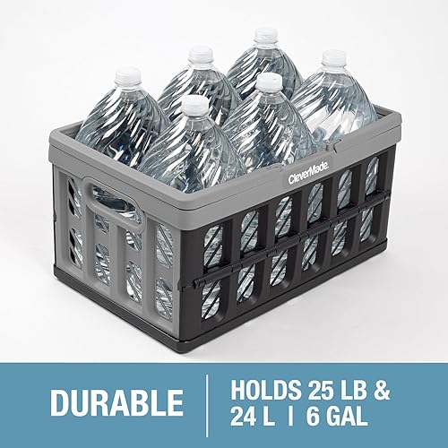 CleverMade Collapsible Shopping Basket, Ocean, 3PK - 24L (6 Gal) Reusable Plastic Grocery Shopping Baskets, Holds 25lbs Per Basket - Small Foldable Storage Crates with Handles - Poueer