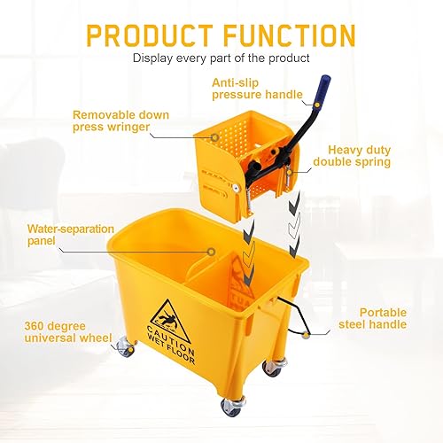 Samger Heavy Duty Mop Bucket with Wringer on Wheels, 5 Gallon Plastic Tandem Mopping Bucket, 21 Quart Portable Mop Bucket for Household Commercial Use Yellow - Poueer