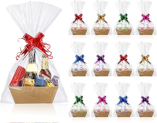 50 Pcs Empty Gift Basket Set 12 Pcs Basket for Gifts Empty Kraft Market Tray with Handles, 18 Bags, and 20 Multicolor Bows for Wedding Birthday Easter, 8 x 6 x 3 Inches - Poueer