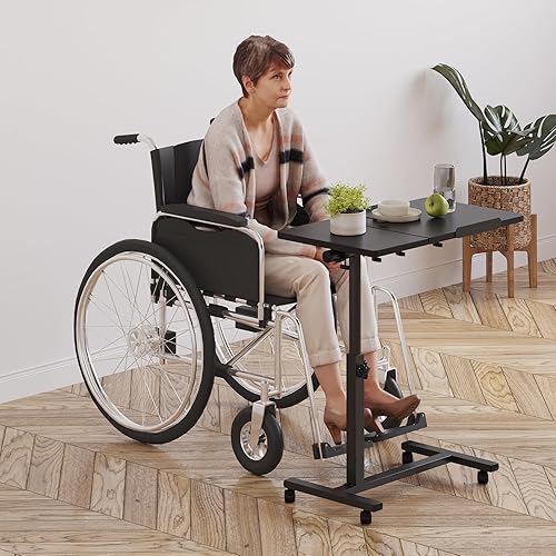 Over The Bed Table with Wheels Rolling Cart Tilting Sofa Laptop Stands Hospital Tray Medical OverbedTables-Black - Poueer
