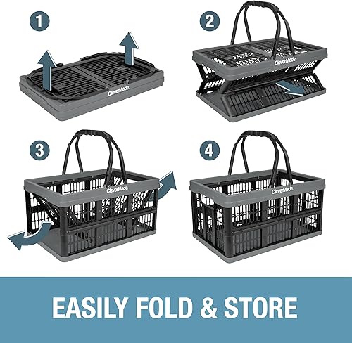 CleverMade Collapsible Shopping Basket, Ocean, 3PK - 24L (6 Gal) Reusable Plastic Grocery Shopping Baskets, Holds 25lbs Per Basket - Small Foldable Storage Crates with Handles - Poueer