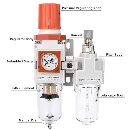 NANPU 1/4' NPT Embedded Gauge Compressed Air Filter, Regulator＆Lubricator Combo Water/Oil Trap Separator - 0-180 psi Gauge, Semi-Auto Drain, Poly Bowl, Metal Bracket - 3 in 1 Two Unit - Poueer