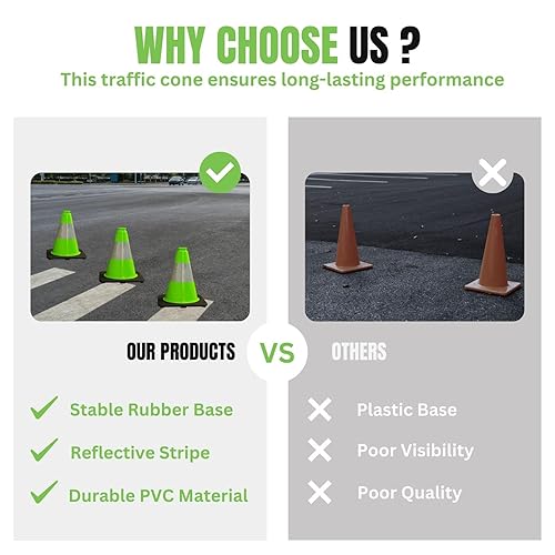 6 Pack 36'' Green PVC Traffic Cones Road Construction Cones with Black Base and Reflective Stripes Safety Cones for Parking Lots Driveways Construction Areas and Traffic Control - Poueer