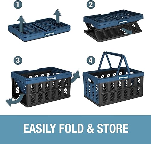 CleverMade Collapsible Shopping Basket, Ocean, 3PK - 24L (6 Gal) Reusable Plastic Grocery Shopping Baskets, Holds 25lbs Per Basket - Small Foldable Storage Crates with Handles - Poueer