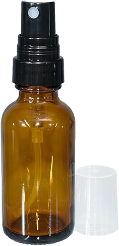 GlassBottleOutlet (Pack of 108) 1 oz. Amber Boston Round with Black Fine-Mist Sprayer - Poueer