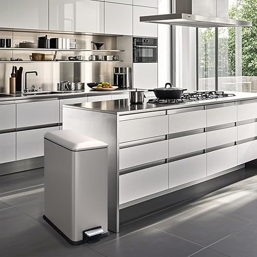 12 Gallon Trash Can, Stainless Steel Trash Can with Fingerprint-Resistant, Removal Inner Buck &Soft Close Plastic Lid, Step Garbage Can for Kitchen and Office, 45 Liter Capacity - Poueer