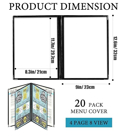 20 Pack Restaurant Menu Covers Clear Café Menu Holder Double-Stitched Edges 4 Page/8-Views Menu Book Reusable Menu Sleeves for Restaurant, Café, Bar, Easy-Insert Design - Poueer