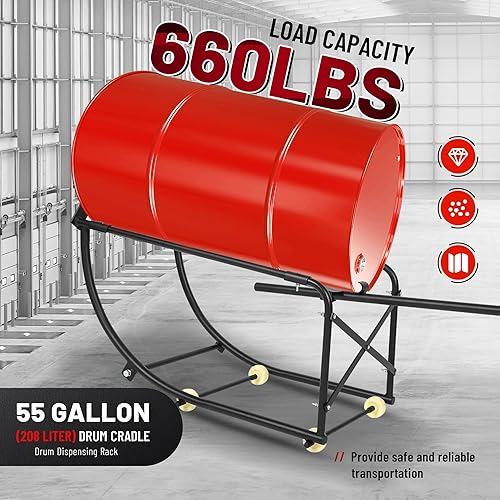 KUAFU 55 Gallon Drum Cradle 600lbs Drums Dolly Cart Drum Dispensing Stand Black 4 Wheel Powder Coated Steel - Poueer