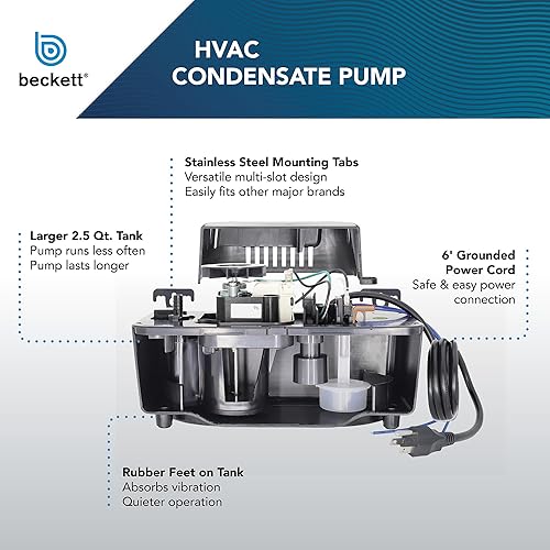 Beckett BK171UL Condensate Pump with Safety Switch, 115V, 17 ft Max Lift, 112 GPH, Automatic On/Off Operation, Black - Poueer