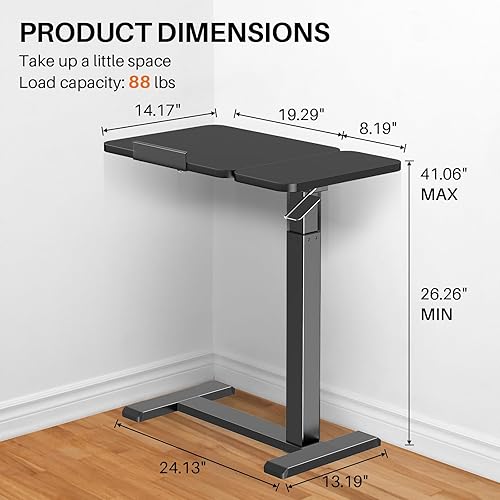 Pneumatic Height Adjustable Overbed Table with Wheels, Tilting Desktop Rolling Laptop Desk for Bed, Sofa, or Hospital Use, Mobile Standing Desk for Laptop and Meals - Poueer