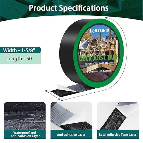 Butyl Joist Deck Tape, 2' X 50' Deck Joist Tape Waterproof Flashing Tape, Weather Resistance Self-Adhesive Joist Tape Decking for Deck Joist Beams Protection(12 Rolls) - Poueer