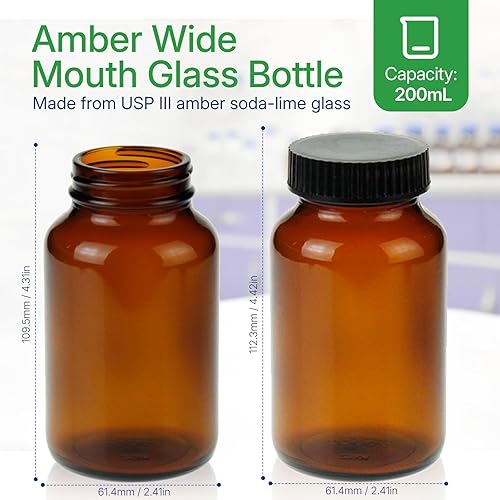 200 ml(6.7 OZ) Amber Glass Wide Mouth Packer Bottle with Black Ribbed Cap, Pack of 24 bottle - Poueer