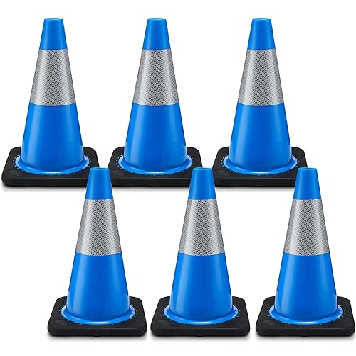 6 Pack Traffic Safety Cones Plastic PVC Blue Traffic Cones with Black Base and Reflective Collars for Street Hazards, Training, Road Construction, Parking Lot (18 Inch) - Poueer