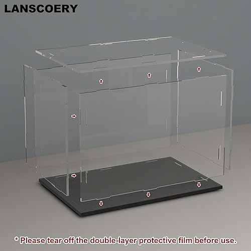 LANSCOERY Acrylic Display Case, Assemble Showcase Display Box for Collectibles, with Dustproof & Seamless Display Design, 15.7x9.8x13.8inch Thick Black Base - Poueer