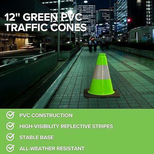 6 Pack 36'' Green PVC Traffic Cones Road Construction Cones with Black Base and Reflective Stripes Safety Cones for Parking Lots Driveways Construction Areas and Traffic Control - Poueer