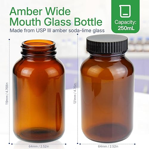 200 ml(6.7 OZ) Amber Glass Wide Mouth Packer Bottle with Black Ribbed Cap, Pack of 24 bottle - Poueer