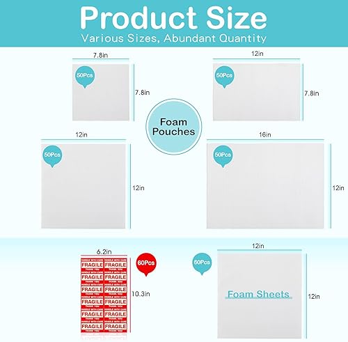 320 pcs Moving Packaging Supplies, 260 Cushioning Foam Pouches and Sheets, 4 Sizes (16x12', 12x12', 12x7.8', 7.8x7.8') with 60 Fragile Stickers, Cushion Foam Pouch for Moving, Packaging, Storage. - Poueer