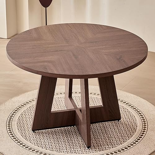 47' Round Dining Table for 4 6 People, [Fanned Base] [1.38' Thick Top] Farmhouse Wood Kitchen Table for Dining Living Room Home, Natural - Poueer