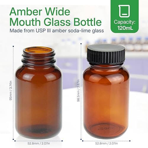 200 ml(6.7 OZ) Amber Glass Wide Mouth Packer Bottle with Black Ribbed Cap, Pack of 24 bottle - Poueer