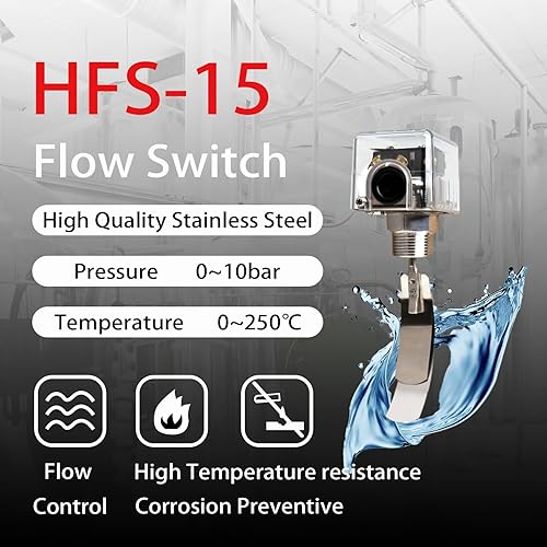 Oil Water Flow Control Switch, AC 15-250V 1/2''/DN15 Adjustable Automatic Water Pressure Sensor with 3 Paddles & SPDT Output - Poueer