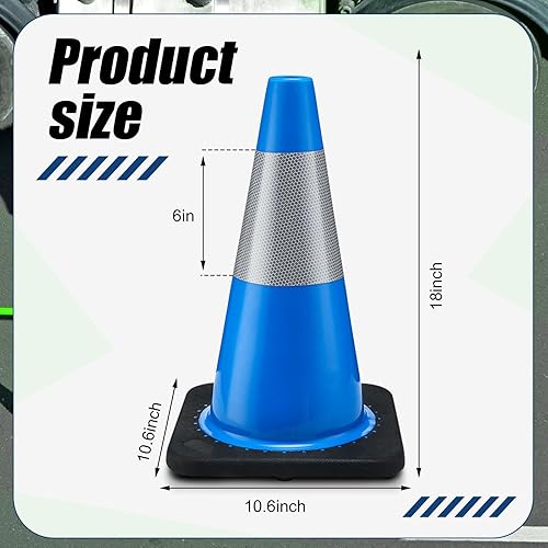 6 Pack Traffic Safety Cones Plastic PVC Blue Traffic Cones with Black Base and Reflective Collars for Street Hazards, Training, Road Construction, Parking Lot (18 Inch) - Poueer