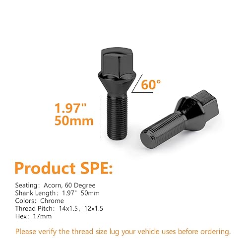 Set of 20 14x1.5 Wheel Lug Bolts 50mm Shank 17mm Hex Conical Seat, Black - Poueer