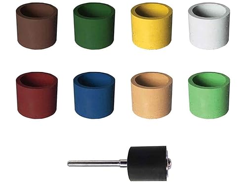 Dedeco Sunburst - 1/2” x 1/2” Bands - Precision Cylinder Thermoplastic Rotary Sanding and Polishing Tool Set, Assorted: 1 Each 8 Grit Textures Plus 1835 Mandrel (9 Piece) - Poueer