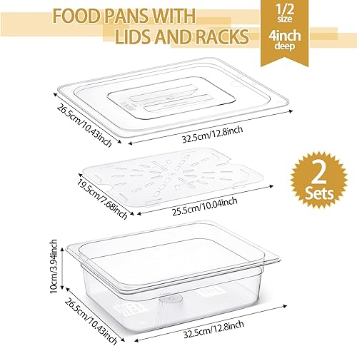 Zhehao 2 Pack PET Food Pans Set 4'' Deep Clear Hotel Pans with Lids and Drain Shelf Food Storage Container for Kitchen Fruit Vegetable Restaurant Supplies(Full Size, 20.8 x 12.8 Inch) - Poueer