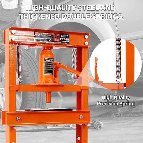 6 Ton Hydraulic Press, H-Frame Garage Floor Adjustable Shop Press with Built-in Relief Valve Pressure Gauge, Hydraulic Shop Press to Bend Straighten Press Parts Install Bearings U-Joints, Red - Poueer