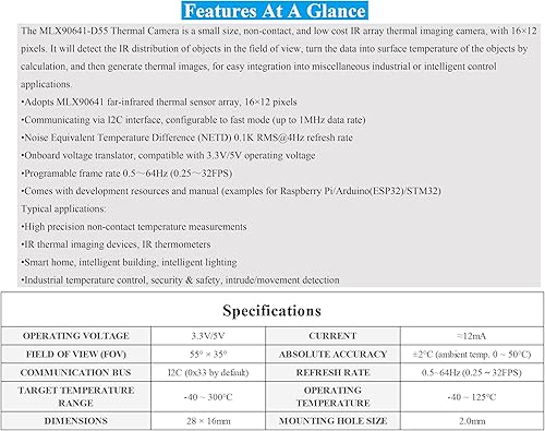 MLX90641 IR Array Thermal Imaging Camera, 55° Field of View, 16x12 Pixels, I2C Interface, Compatible with Raspberry Pi 5/ 4B/3B+/3B/2B/A+/Zero W/WH/Zero 2 W/Pico 2W/Ar-duino/STM32,etc. - Poueer