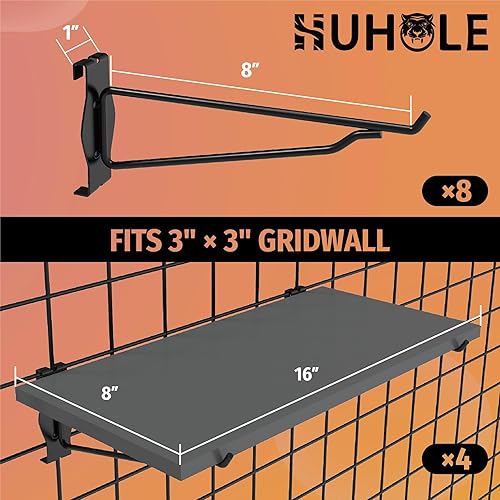 HUHOLE Gridwall Shelves 4 Pack, 16'x 8' Wooden Grid Wall Shelves,12pc Gridwall Accessories for Garage, Craft Rooms, Retail Stores, and Office – 8 Inch Gridwall Shelf Ideal for Organized Display - Poueer