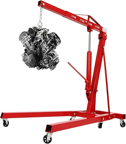 Engine Hoist with Lever, 2 Ton 4409lb Heavy Duty Folding Shop Crane with 6 Casters Cherry Picker Shop Crane Hoist Lift, Engine Lift Lever for Engine Lift Loading(Sent in 2 packages, red) - Poueer